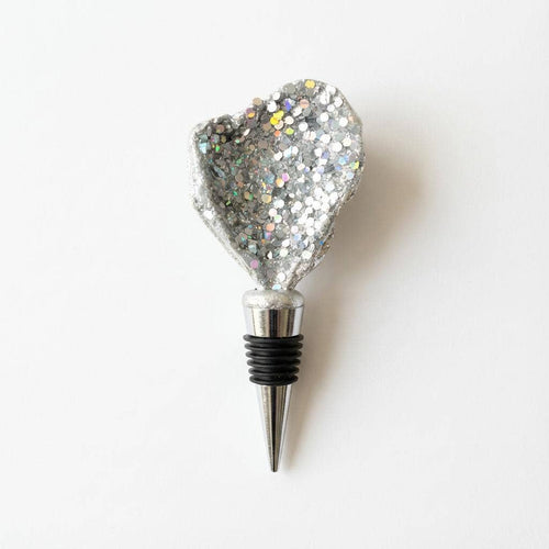 Oyster shell wine stopper with glitter disco finish in gold and silver