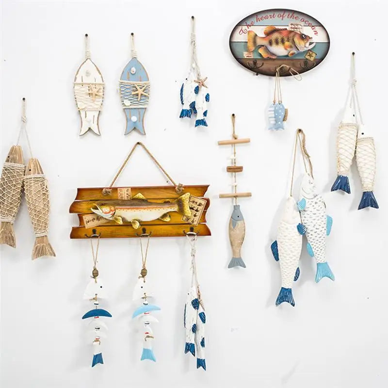 Mediterranean Style Wooden Fish Hanging Decor Boat Ship Beach Wall