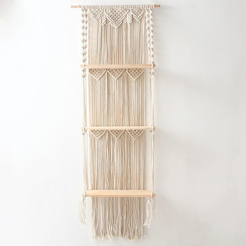 Boho Macrame Wall Hanging Shelf 3 Tier Handmade Woven Wood Organizer Shelves Wall Floating Plant Hanger for Home Decor