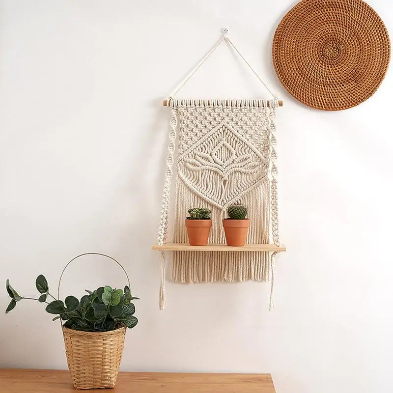 Macrame Wall Hanging Tapestry With Wooden Shelf Handwoven Bohemia Tassel Curtain Tapestry Wedding Backgrou Boho Decor