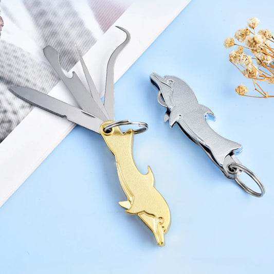 4-in-1 Dolphin Shaped Stainless Steel Toothpick Keychain Portable Folding Unboxing Knife Bottle Opener Tool Camping Fruit Forks