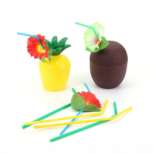 Tropical Coconut Drink Cups Hawaii Party Cup with Straws for Hawaiian Party Children Birthday Beach Party Decoration Bar