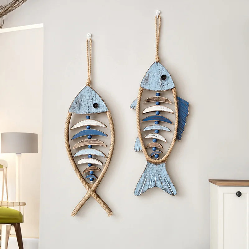 Mediterranean Wood Fish Pendant Hanging Wall Decoration Vintage Living