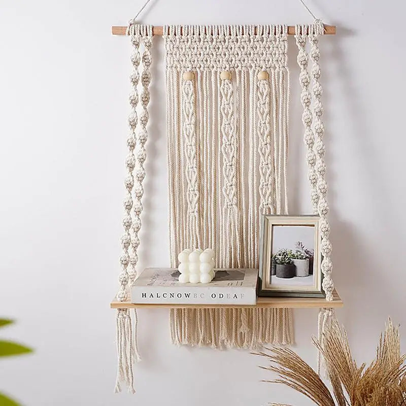 Macrame Wall Hanging Tapestry With Wooden Shelf Handwoven Bohemia Tassel Curtain Tapestry Wedding Backgrou Boho Decor