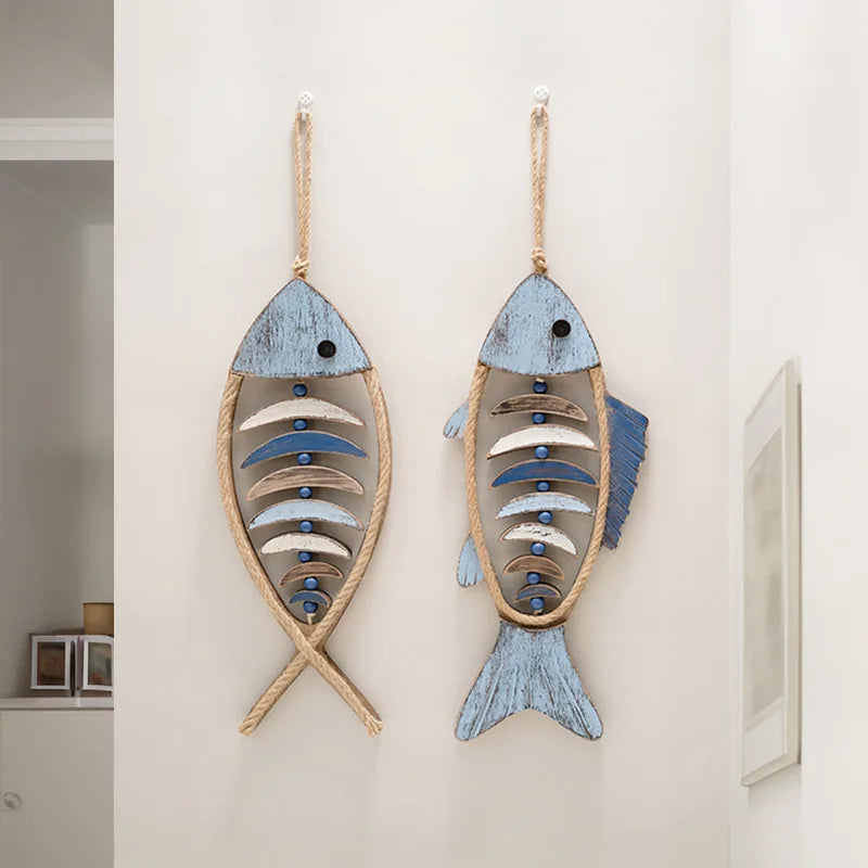 Mediterranean Wood Fish Pendant Hanging Wall Decoration Vintage Living