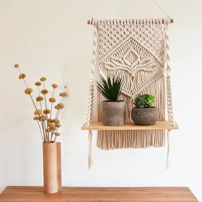 Macrame Wall Hanging Tapestry With Wooden Shelf Handwoven Bohemia Tassel Curtain Tapestry Wedding Backgrou Boho Decor