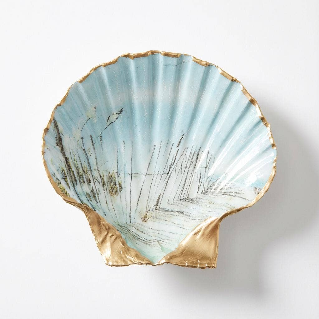 Neutral tone scallop shell soap dish with gold accents