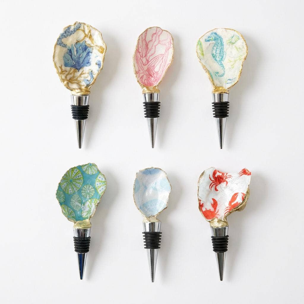 Case pack of 12 sea creature themed oyster shell wine stoppers for wholesale