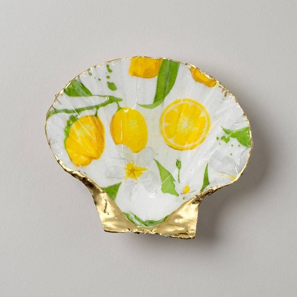 Lemon motif scallop shell soap dish with gold accents