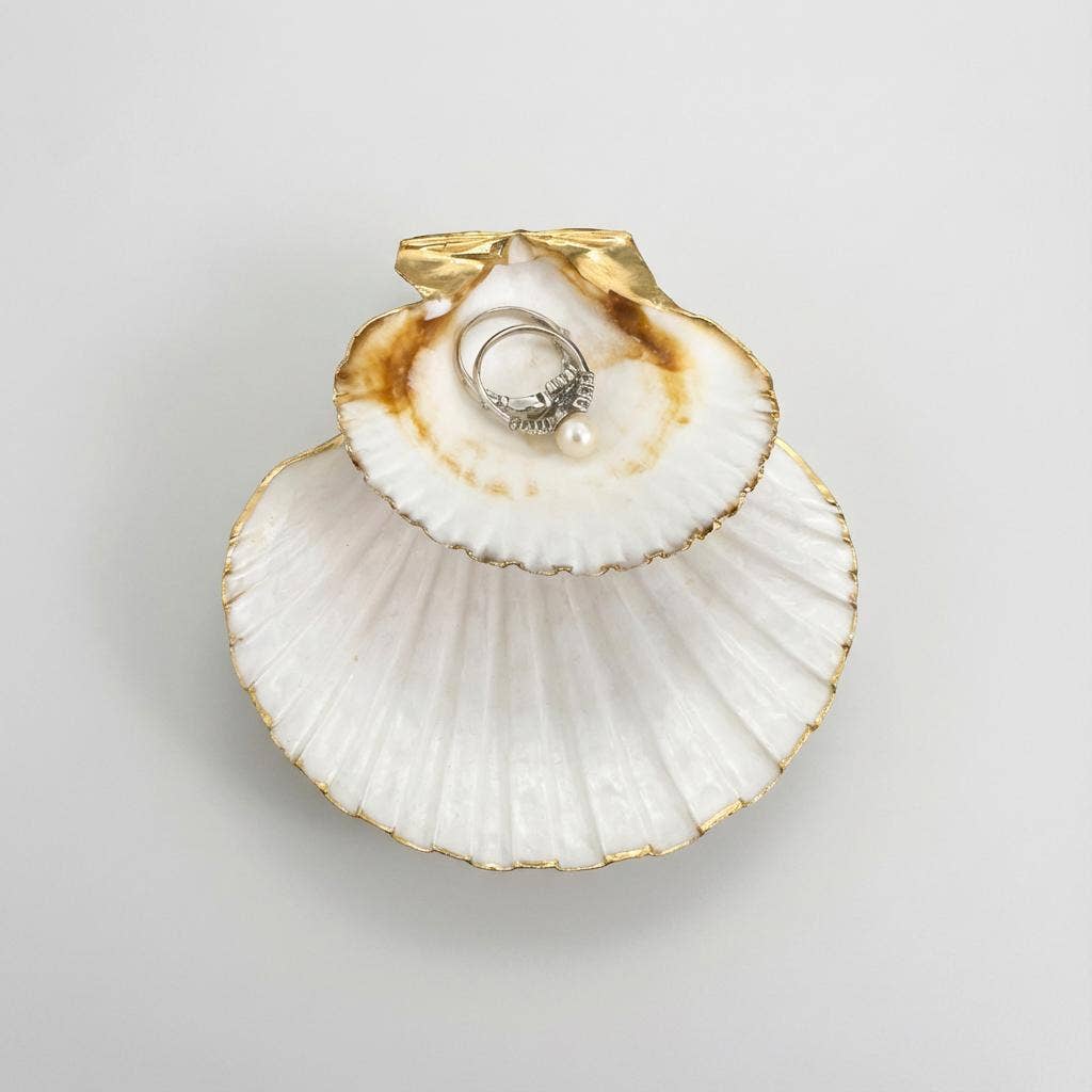 Pearl-footed scallop shell jewelry dish with gold finish