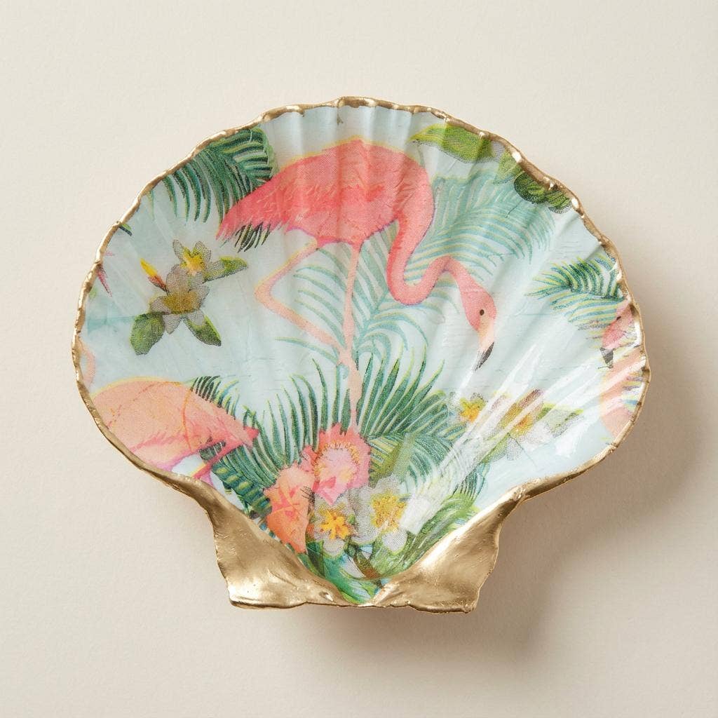 Tropical flamingo motif gilded scallop shell dish with gold finish