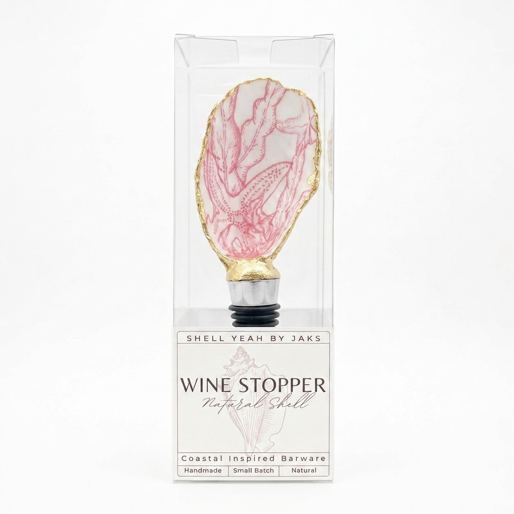 Pink coral reef motif oyster shell wine stopper with gold rim finish