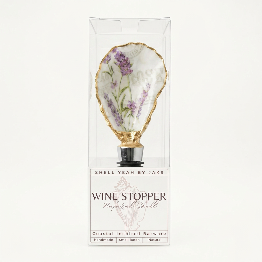 Lavender floral motif oyster shell wine stopper with gold rim finish