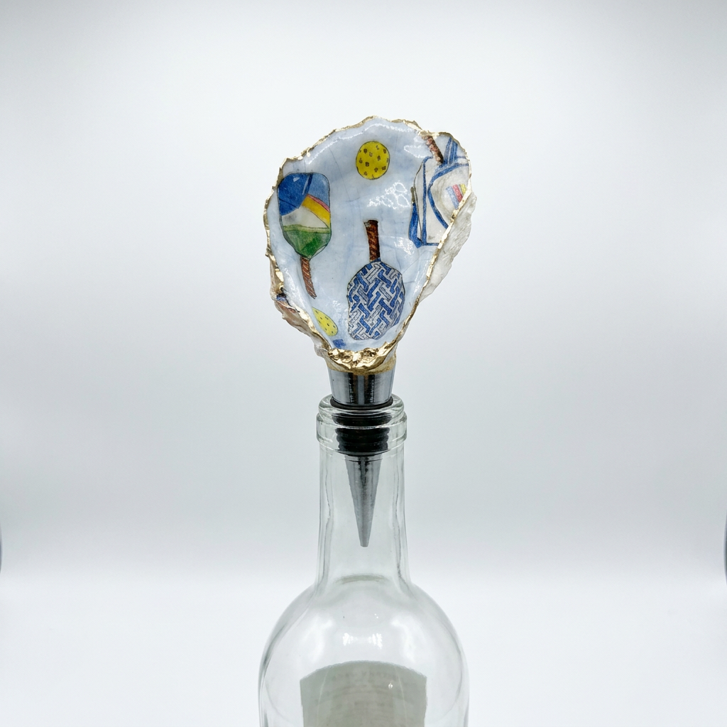 Pickleball Oyster Shell Wine Stopper Gold Rim