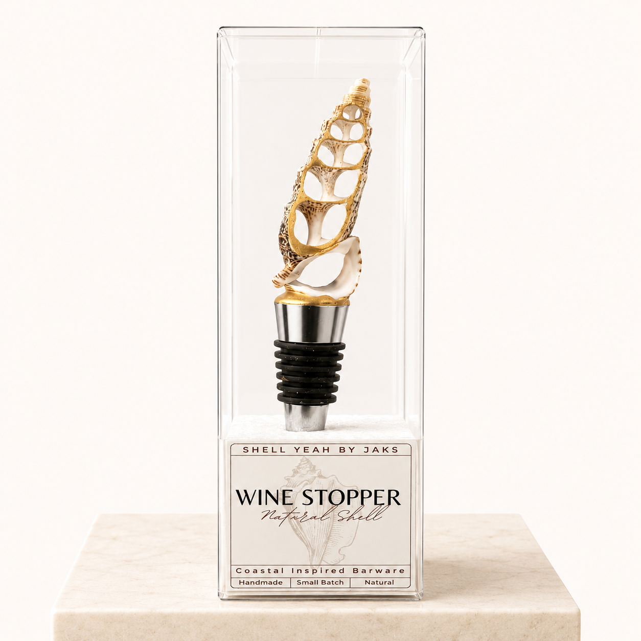 Sliced spiny murex shell wine stopper with gold rim finish