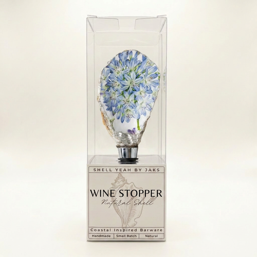 Blue agapanthus floral oyster shell wine stopper with gold rim finish