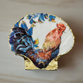 Rooster and floral motif scallop shell trinket dish with gold finish