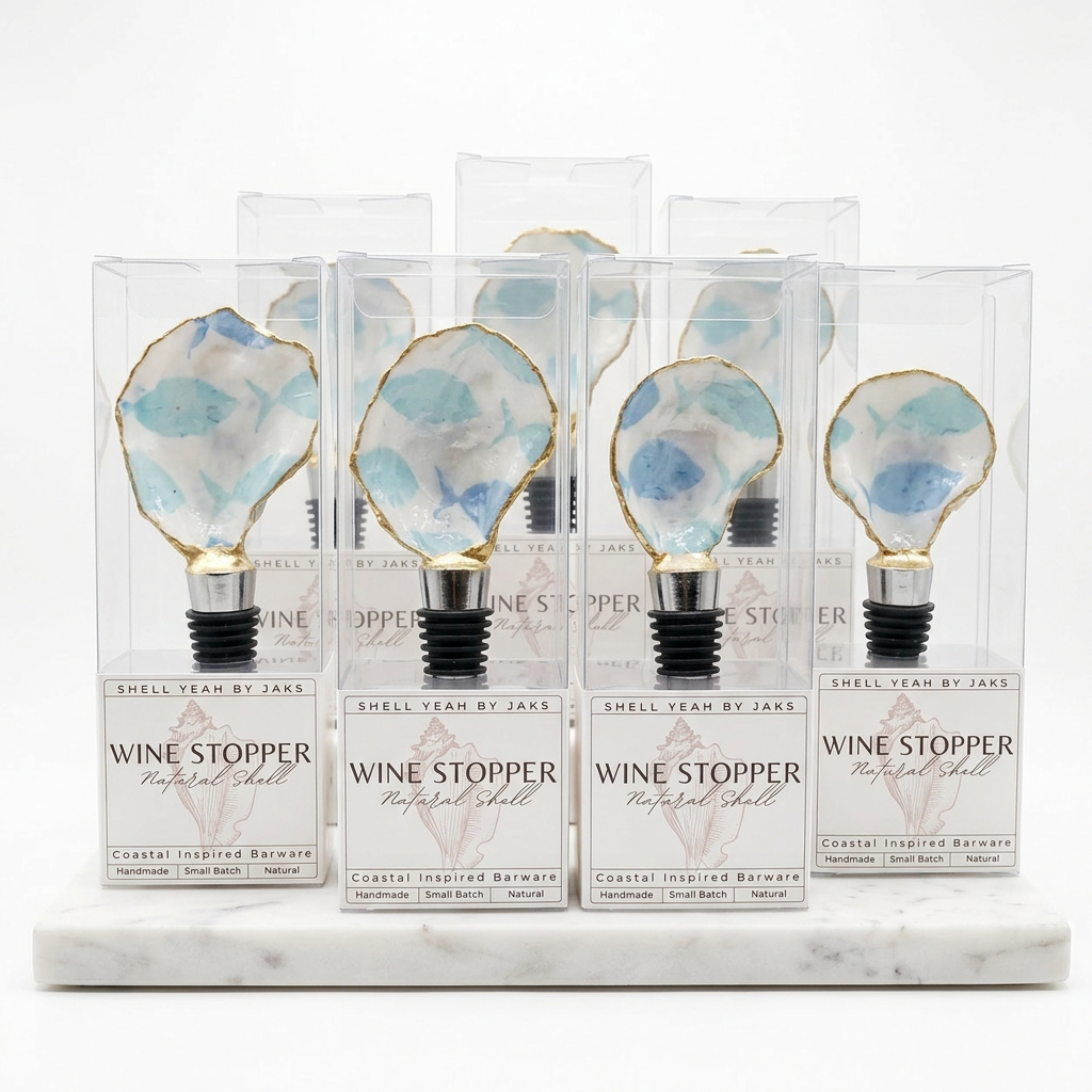 Blue fish motif oyster shell wine stopper with gold rim finish