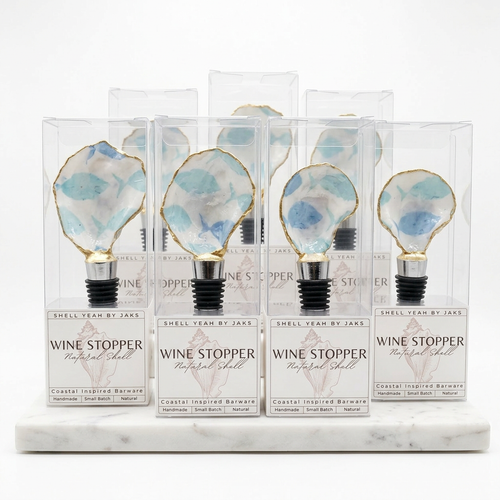 Blue fish motif oyster shell wine stopper with gold rim finish