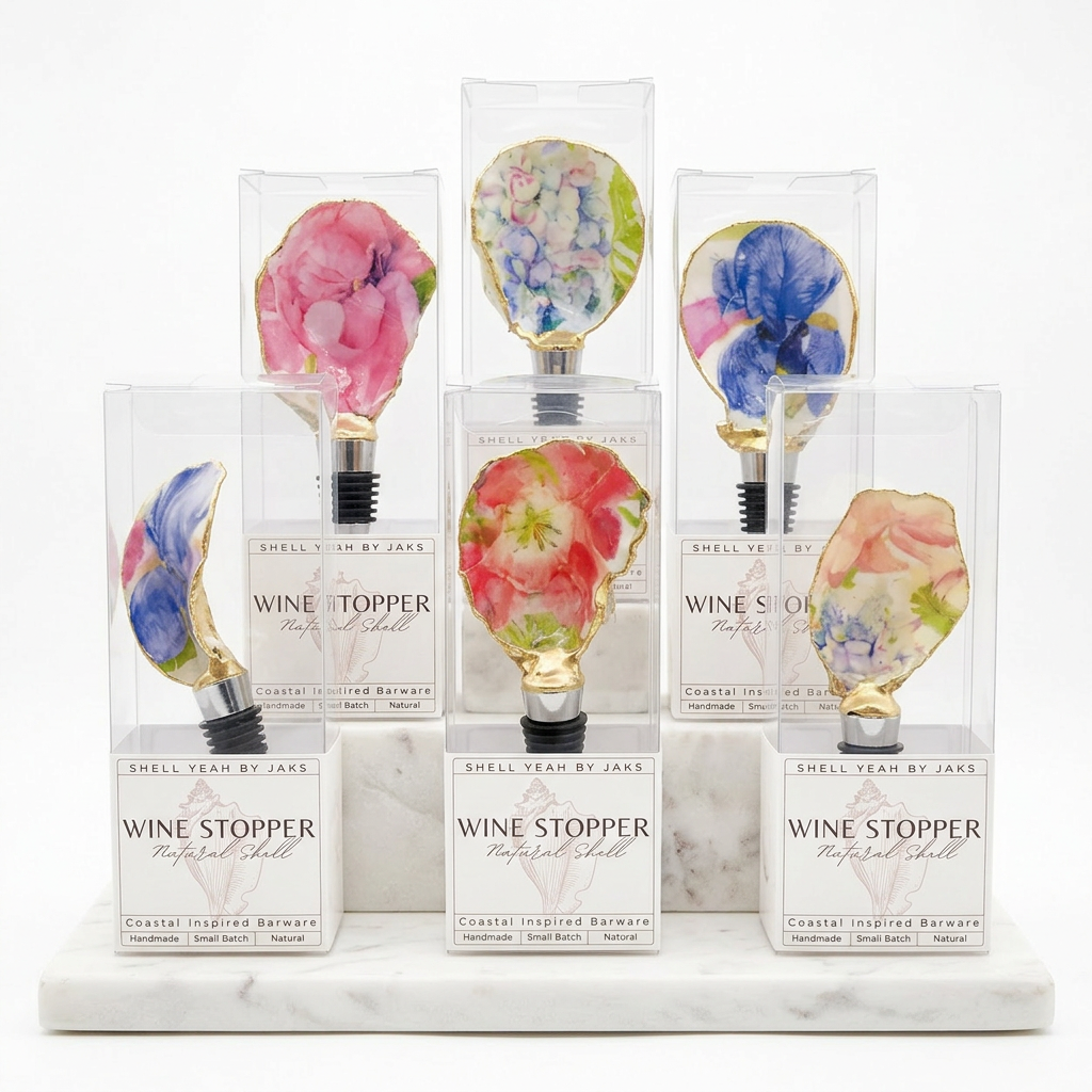 Floral garden motif oyster shell wine stopper with gold finish