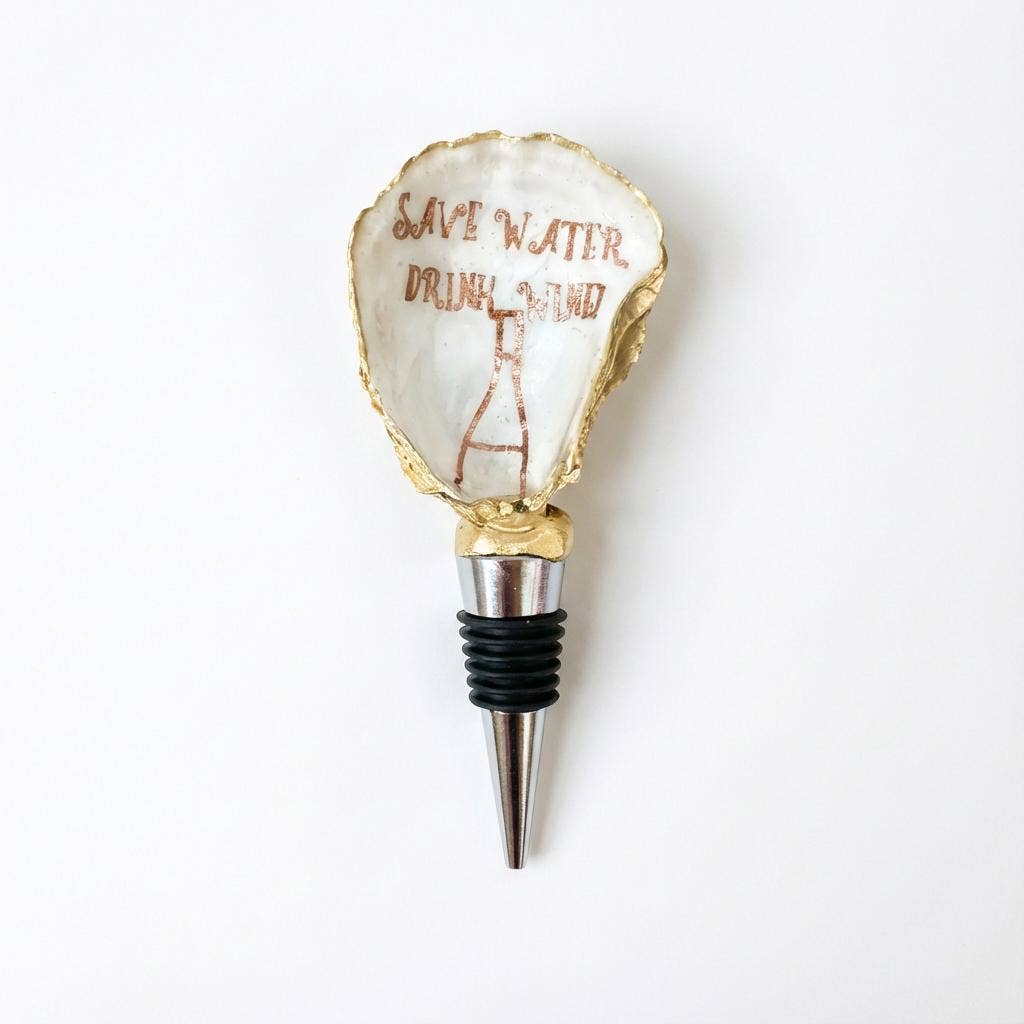 Humorous wine-themed oyster shell wine stopper with gold finish