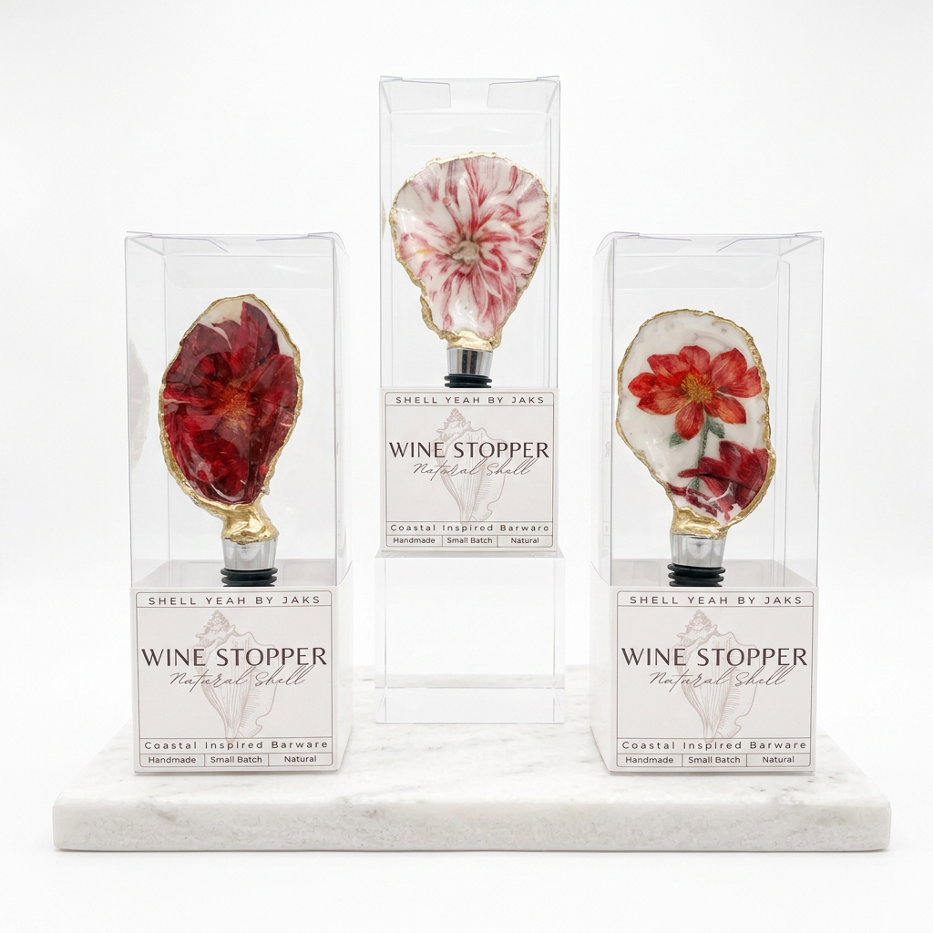 Red dahlia motif oyster shell wine stopper with gold rim finish