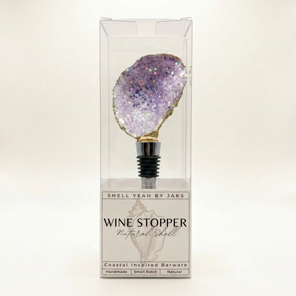 Oyster shell wine stopper with amethyst purple glitter finish and stainless steel top