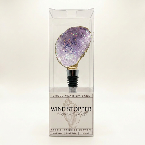 Oyster shell wine stopper with amethyst purple glitter finish and stainless steel top