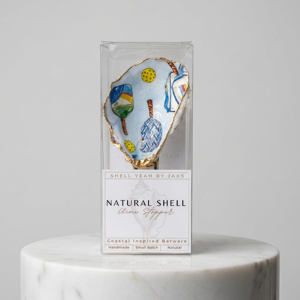Pickleball motif oyster shell wine stopper with silver finish