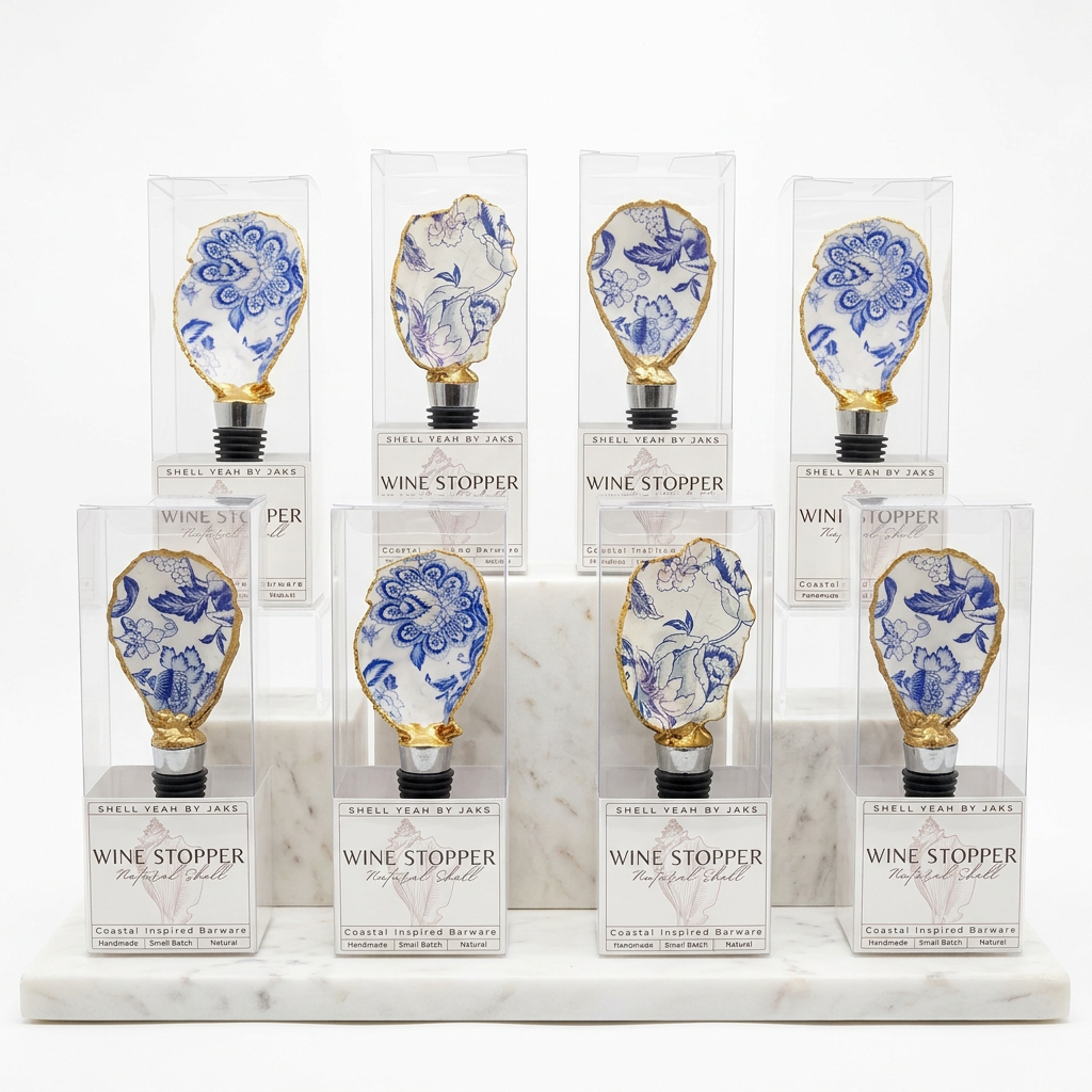 Blue and white toile pattern oyster shell wine stopper with gold finish