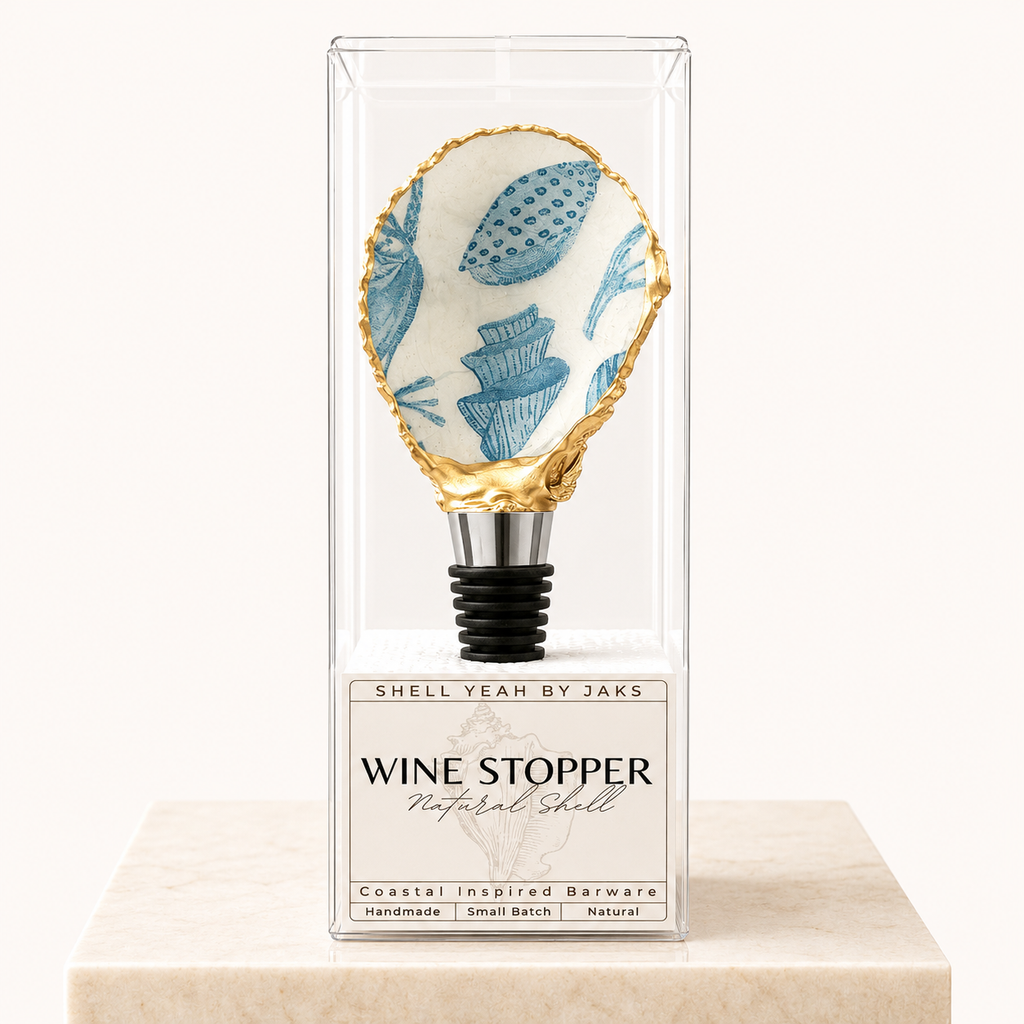 Blue seashell motif oyster shell wine stopper with gold rim finish