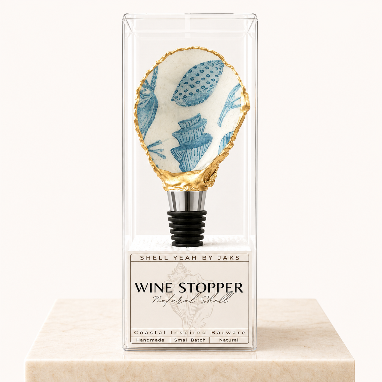Blue seashell motif oyster shell wine stopper with gold rim finish