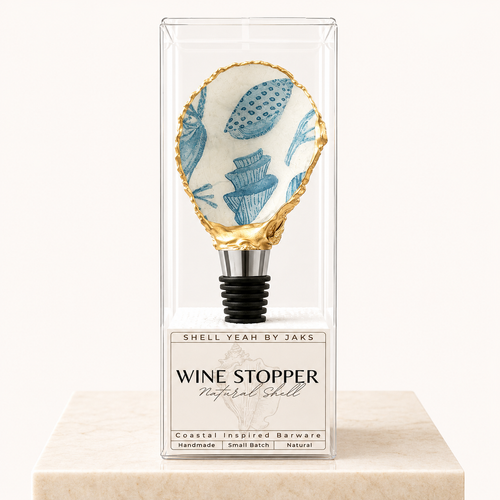 Blue seashell motif oyster shell wine stopper with gold rim finish