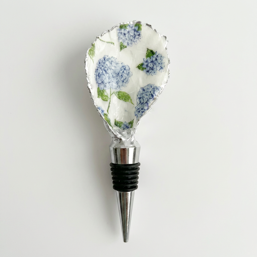 Blue Hydrangea Oyster Shell Wine Stopper Coastal Gift