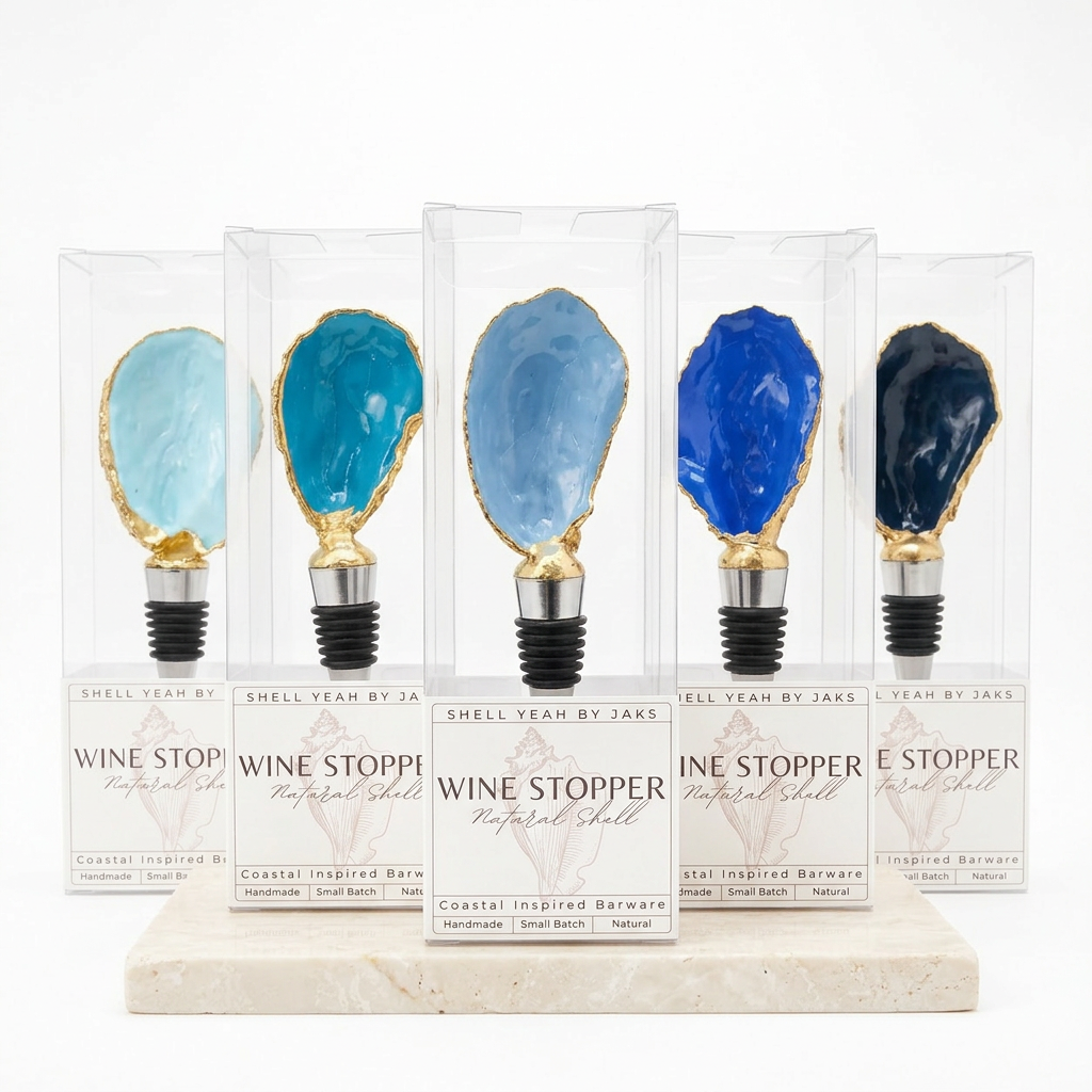 Set of navy and blue oyster shell wine stoppers with gold finish