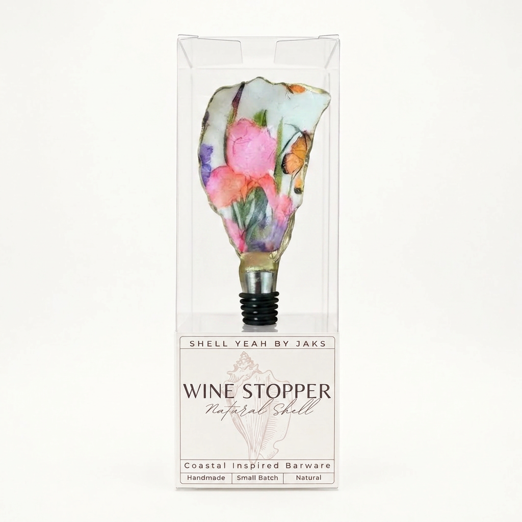 Butterfly and floral motif oyster shell wine stopper with gold finish