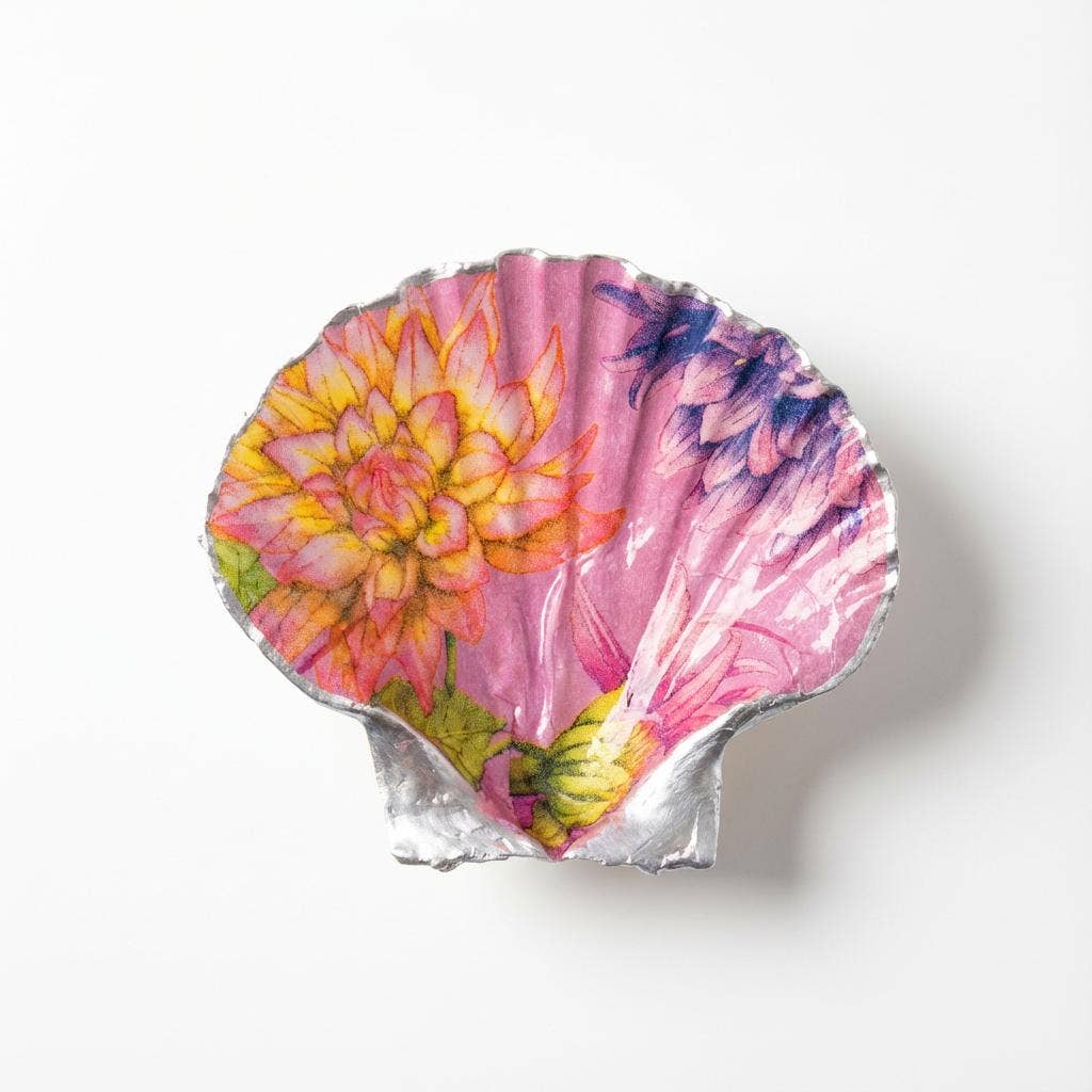 Pink Dahlia Scallop Dish Gold or Silver Rim