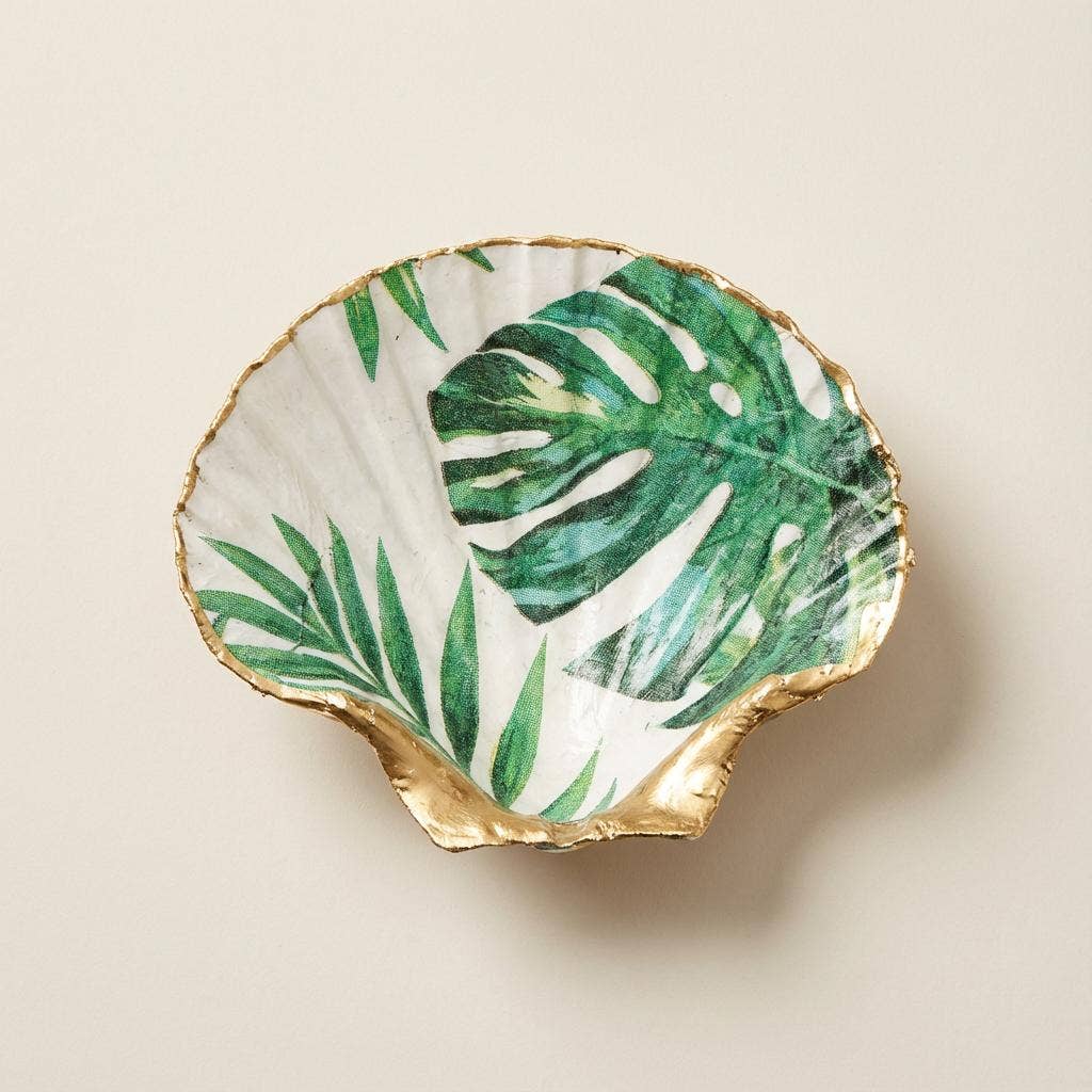 Monstera leaf motif tropical scallop shell dish with gold finish