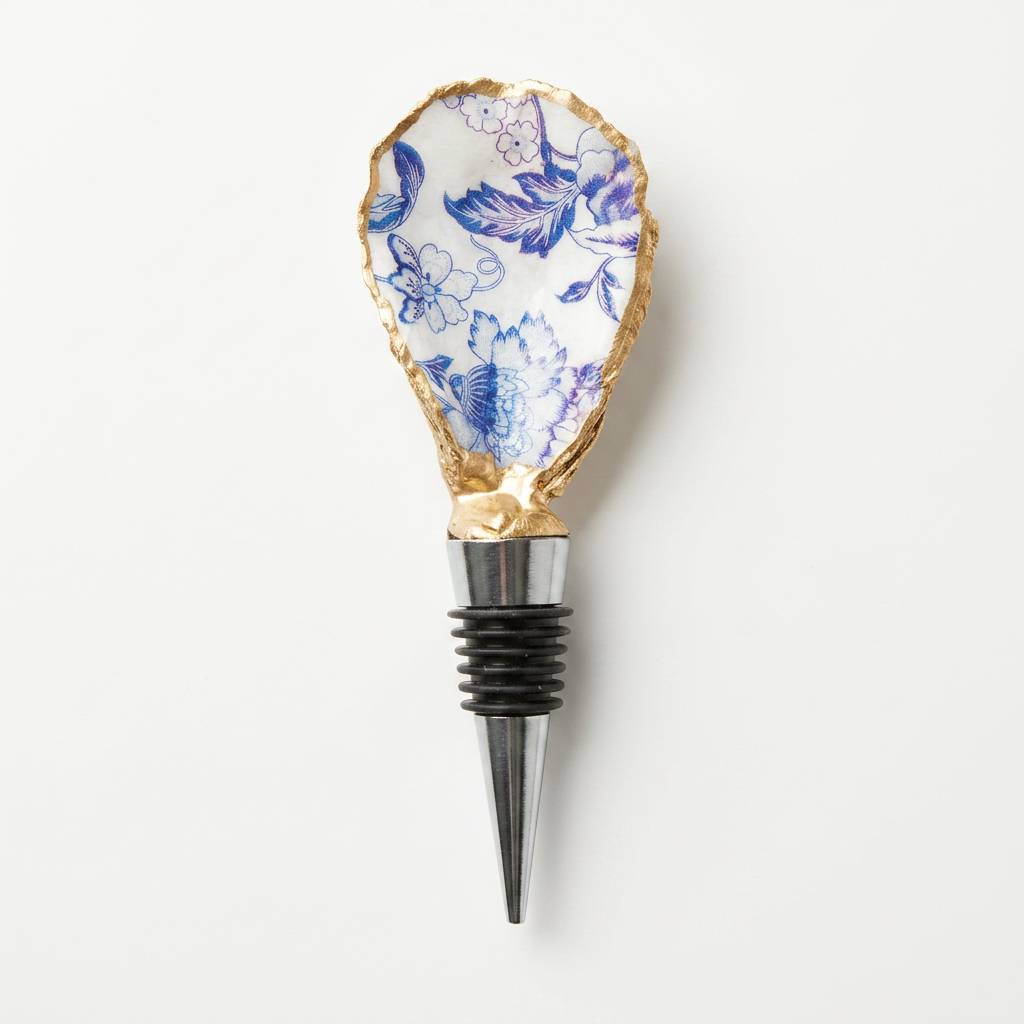 Blue Toile Oyster Shell Wine Stopper