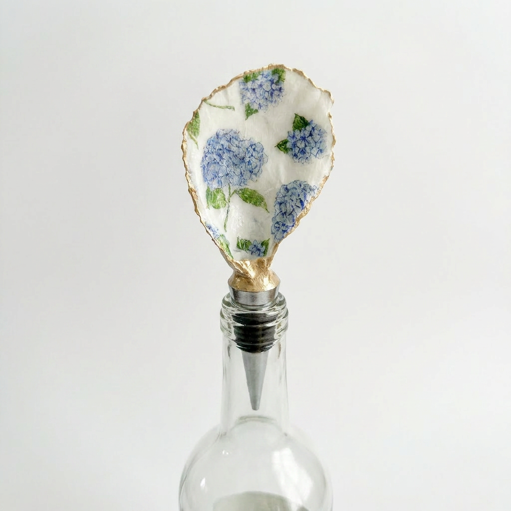 Blue Hydrangea Oyster Shell Wine Stopper Coastal Gift