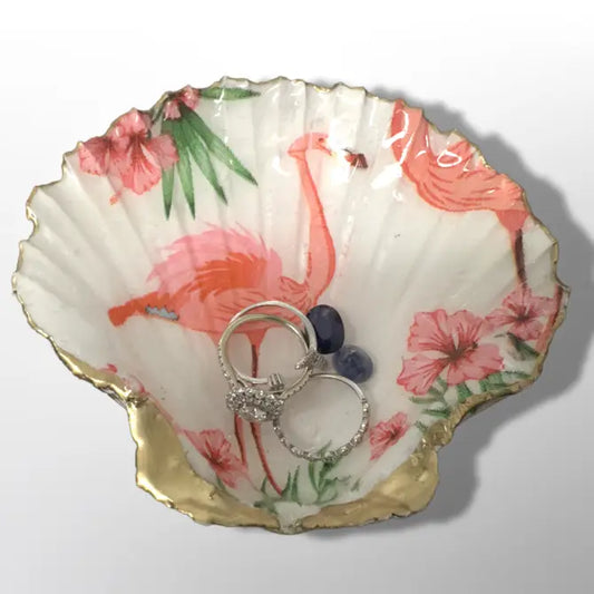 Flamingo Floral Scallop Shell Trinket Holder