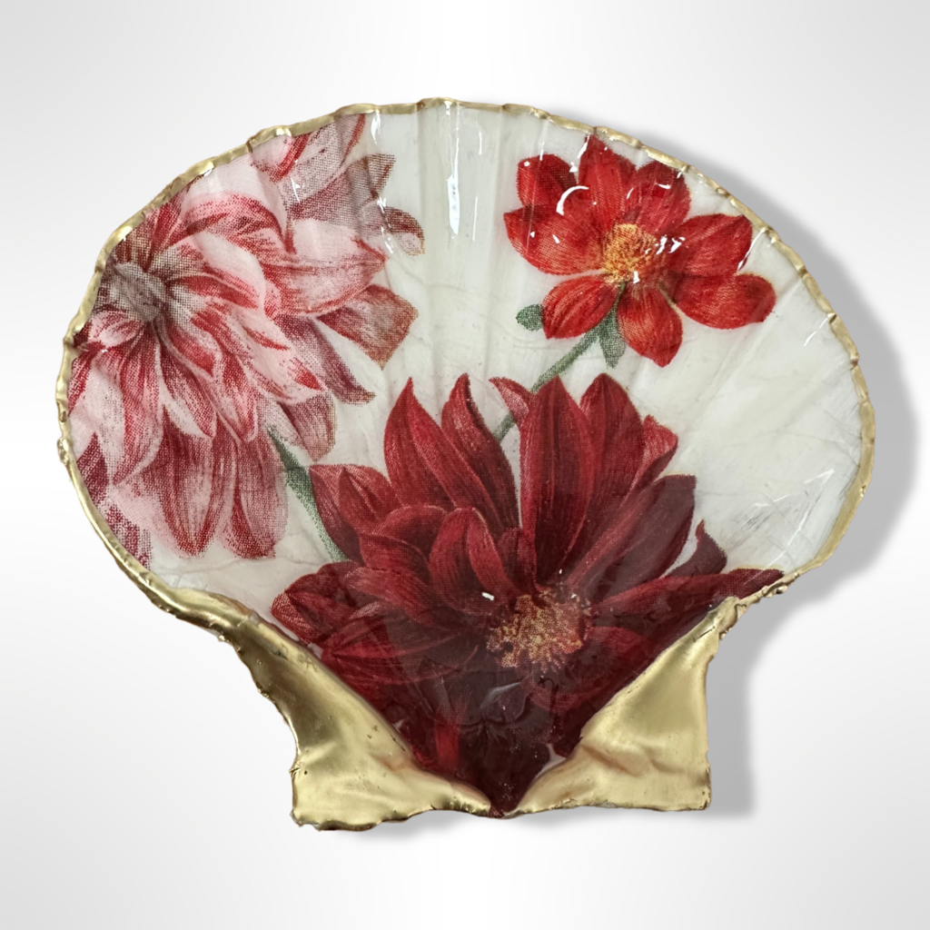Red dahlia motif scallop shell soap dish with gold accents