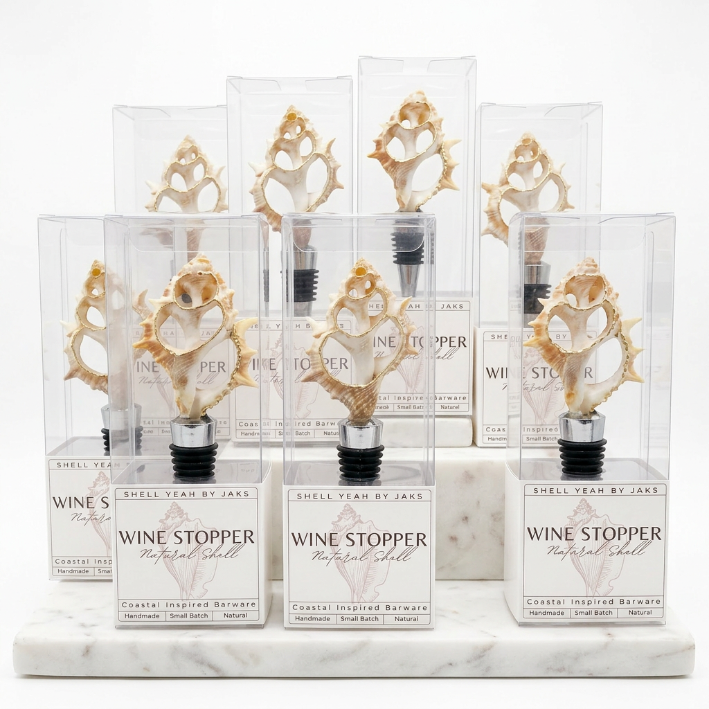 Sliced pink murex shell wine stopper with gold rim finish