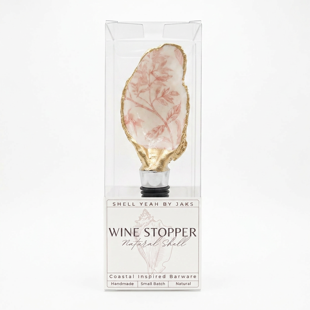 Blush pink botanical oyster shell wine stopper with gold finish