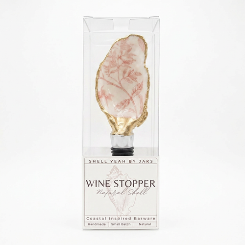 Blush pink botanical oyster shell wine stopper with gold finish
