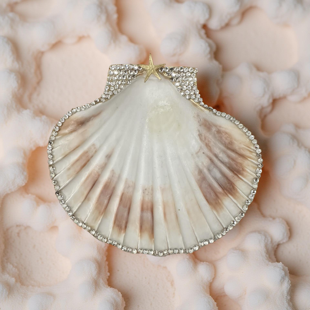 Rhinestone Scallop Shell Dish Gold Starfish Coastal Trinket