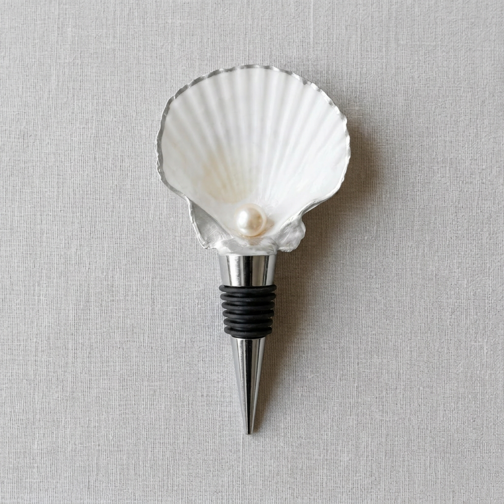 White Scallop Shell Wine Stopper Pearl Option