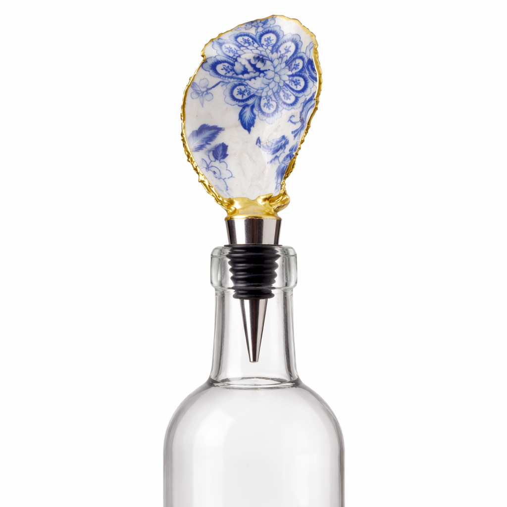Blue Toile Oyster Shell Wine Stopper