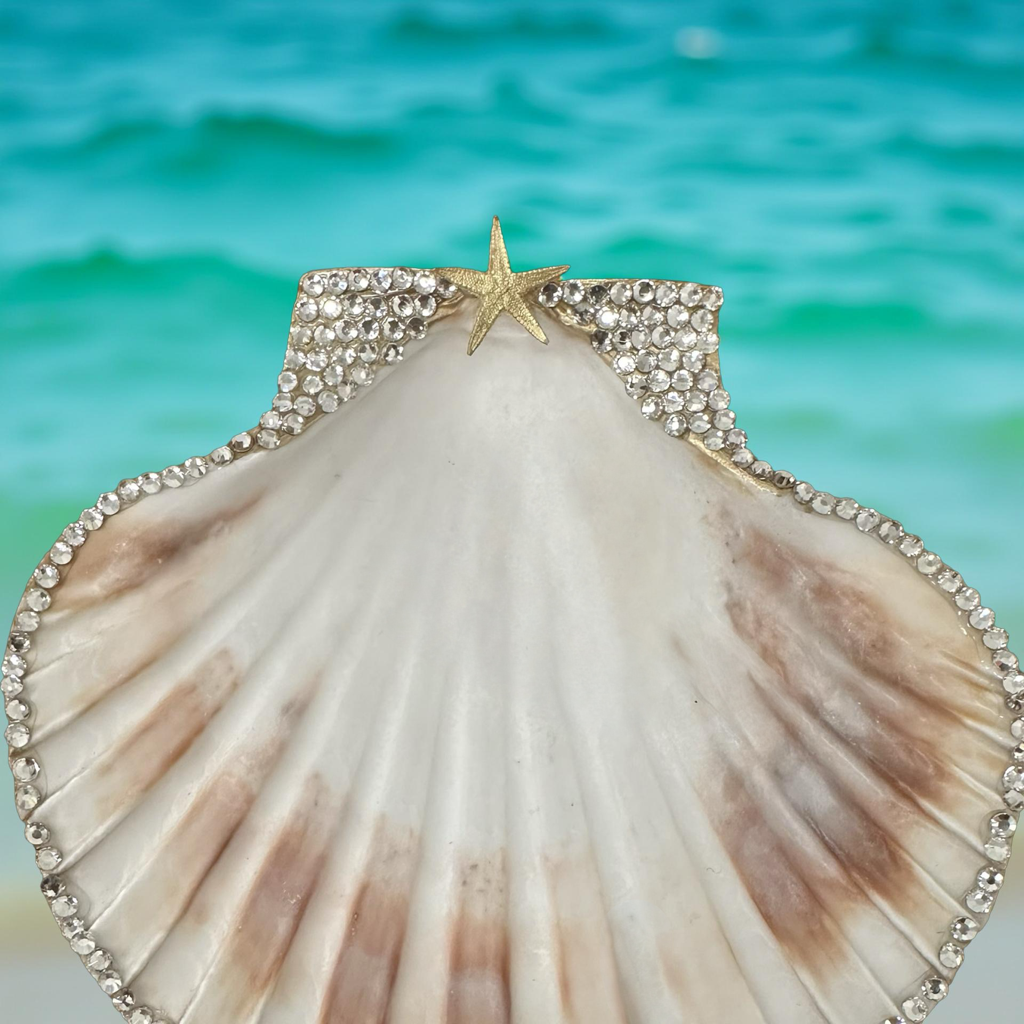 Rhinestone Scallop Shell Dish Gold Starfish Coastal Trinket