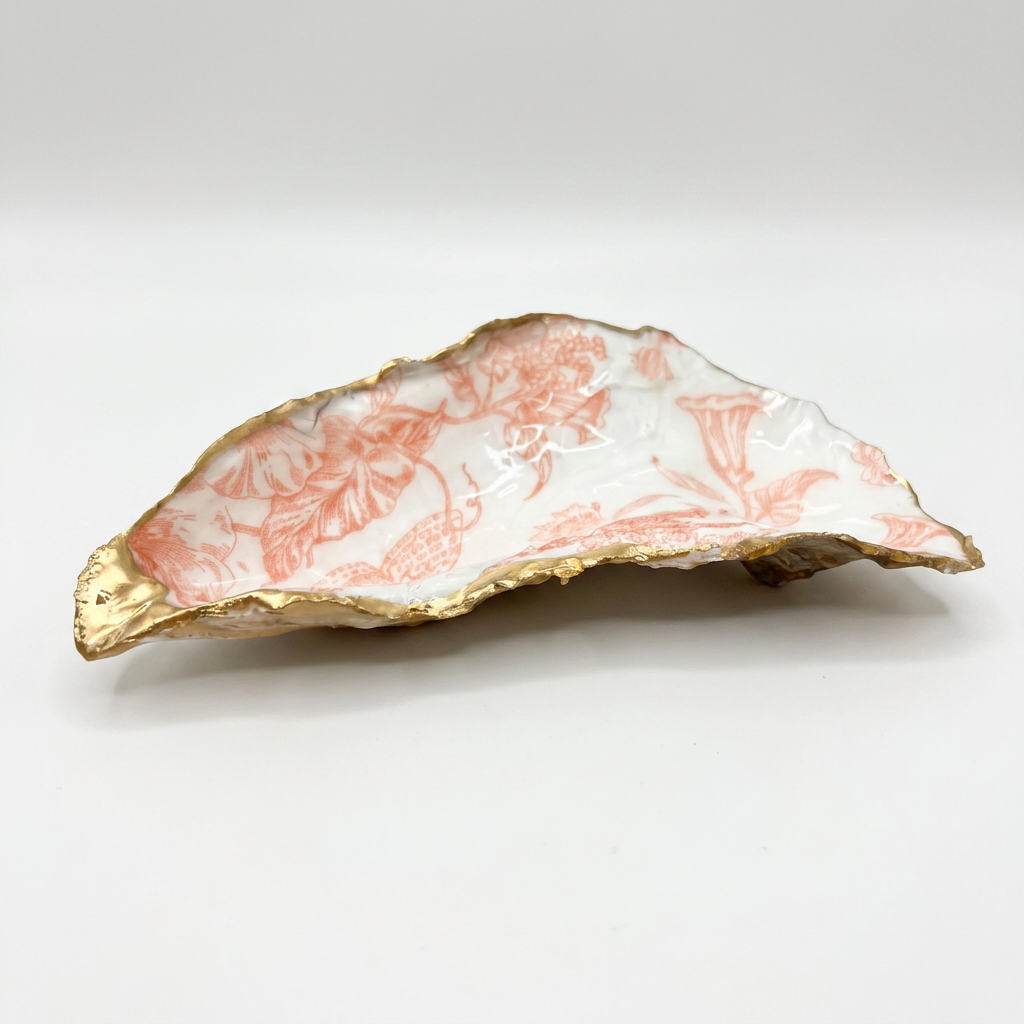 Pink butterfly motif oyster shell jewelry dish with gold rim finish